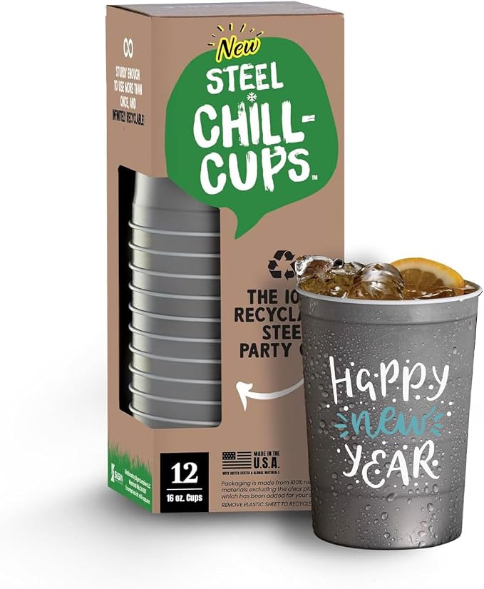 Steel Chill Cups 16 oz. Reusable Party Cups, Happy New Year, 12 Count | Made in USA from Steel these durable cups chill fast & keep your drink cold for longer, 100% recyclable for sustainablity