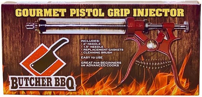 Butcher BBQ Pistol Grip Gourmet Meat Injector Syringe | Metal Handle | 50cc Pistol Grip Injection Syringe | 2 Different Needles for Different Meats | BBQ Smoker Accessories | Tailgating Accessories
