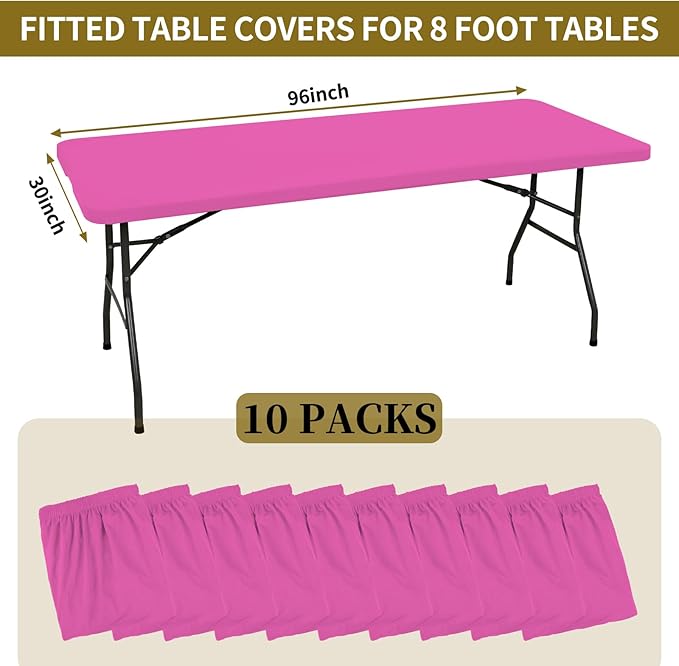 10 Pack Fitted Tablecloth for 8 Foot Rectangle Tables, Hot Pink Elastic Outdoor Picnic Table Cover, Washable Stretch Folding Table Cloths 8 ft for Camping Party Patio Kitchen Banquet, 30" W x 96" L