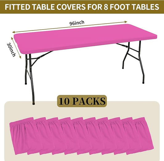 10 Pack Fitted Tablecloth for 8 Foot Rectangle Tables, Hot Pink Elastic Outdoor Picnic Table Cover, Washable Stretch Folding Table Cloths 8 ft for Camping Party Patio Kitchen Banquet, 30" W x 96" L