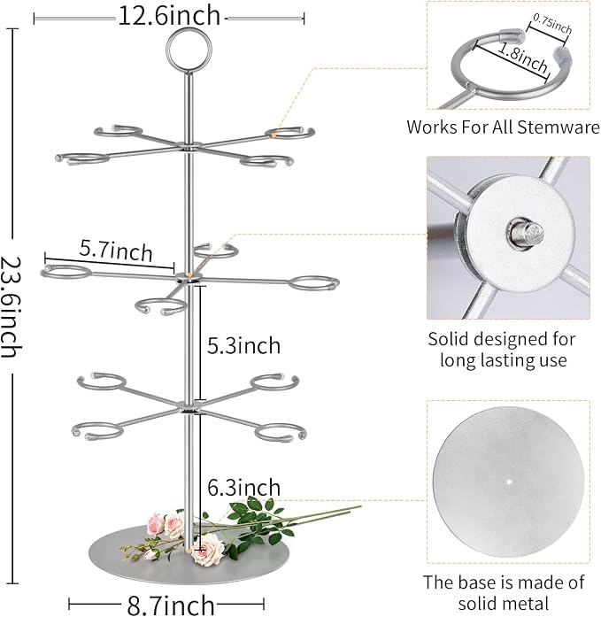 QPIX DIGITAL Cocktail Tree Stand, Metal Drink Tower, 3 Tier - 12 Holders For Champagne, Cocktails,Martini, Margarita Cups at Weddings, Bridal Shower, Mimosa Bar Parties & Events (Silver)