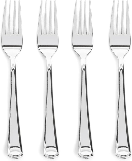 Prestee 100 Pack Silver Plastic Forks Heavy-Duty - Elegant Disposable Silverware Forks - Fancy Plastic Silver Cutlery Set - Heavyweight Utensils for Party, Holiday, and Events