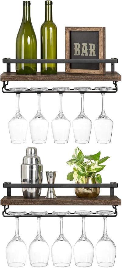 Mkono Wall Mounted Wine Rack Set of 2 Wood Rustic Wine Bottle Glass Floating Shelves with Stemware Hanger Modern Plants Photos Wine Display Storage Holder for Kitchen Dining Room Bar, 17 Inch | Space Saving, Stem Hanger, Floating Design, Store Wine Bot...