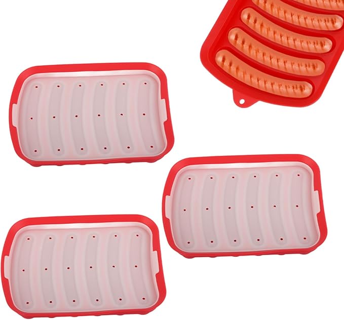 Silicone Sausage Mold, 3 Pcs Hot Dogs Silicone Mold DIY Ham Making Mould Baby Food Supplement Baking Tools, 6 Cavity Sausage Tray(Red)