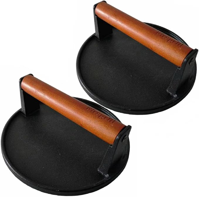 2-Pack Burger Press 7.08" Round,Heavy-Duty Cast Iron Smash Burger Press Meat Steak with Wood Handle for Blackstone Camp Chef Pitboss Weber Griddle Grills (2 Round)