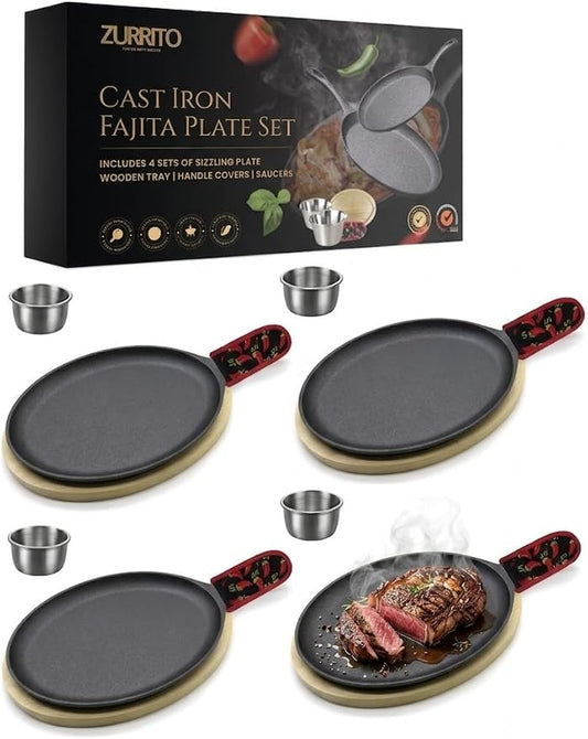 4x Fajita Skillet with Saucers, Cast Iron Hot Plate, Fajita Kit, Sizzling Plate with Wooden Base, Fajita Skillet Set, Sizzle Platter, Cast Iron Serving Dishes, Steak Plates for Eating