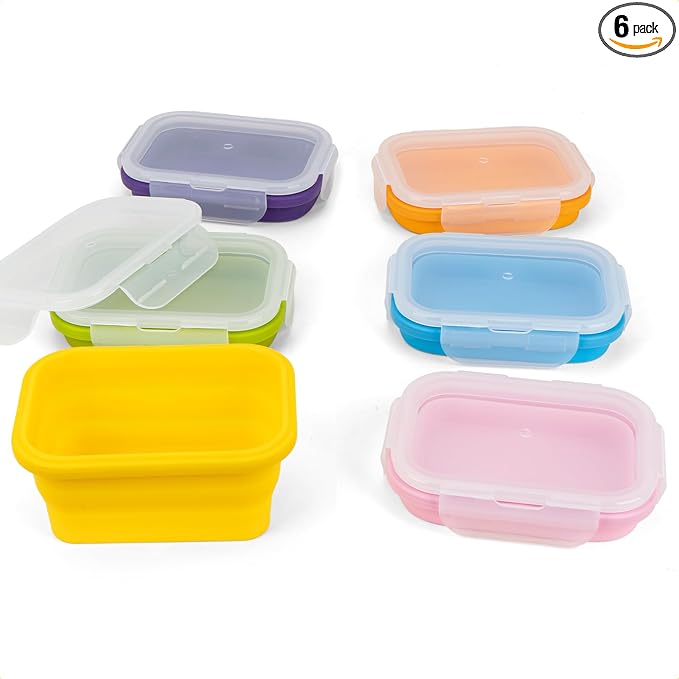Reusable Silicone Snack Sontainers with Lids, 14oz, Small Collapsible Food Storage Containers for Meal Lunch Small Portion, Stackable, Space Saver for RV, Travel, Microwave Dishwasher Safe, 6 Pack