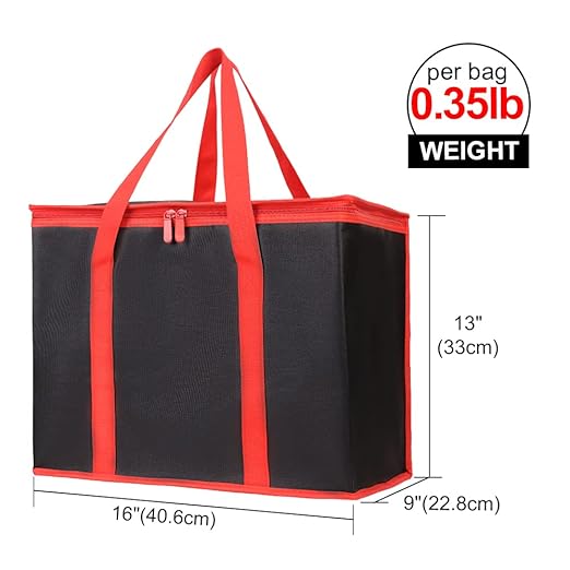 Bodaon 1-Pack Insulated Reusable Grocery Shopping Bags, X-Large, Black-Red | Picnic Cooler Bag with Zippered Top Cold, Insulated Food Delivery Bag for Commercial Rideshare, Collapsible Tote Bags, Picnic