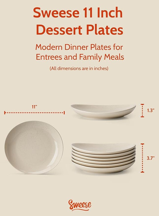 Sweese 11 Inch Porcelain Dinner Plates, Set of 6 - Beige, Vitrified China, Curve Collection, Dishwasher Microwave Safe