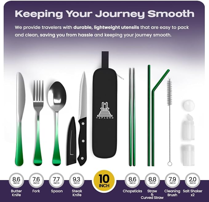 Taplord Portable Travel Silverware Set With Case - Includes 10 Pcs of Utensils, Stainless Steel Flatware For Camping, Easy to Travel, Lightweight (Green Two Tune)