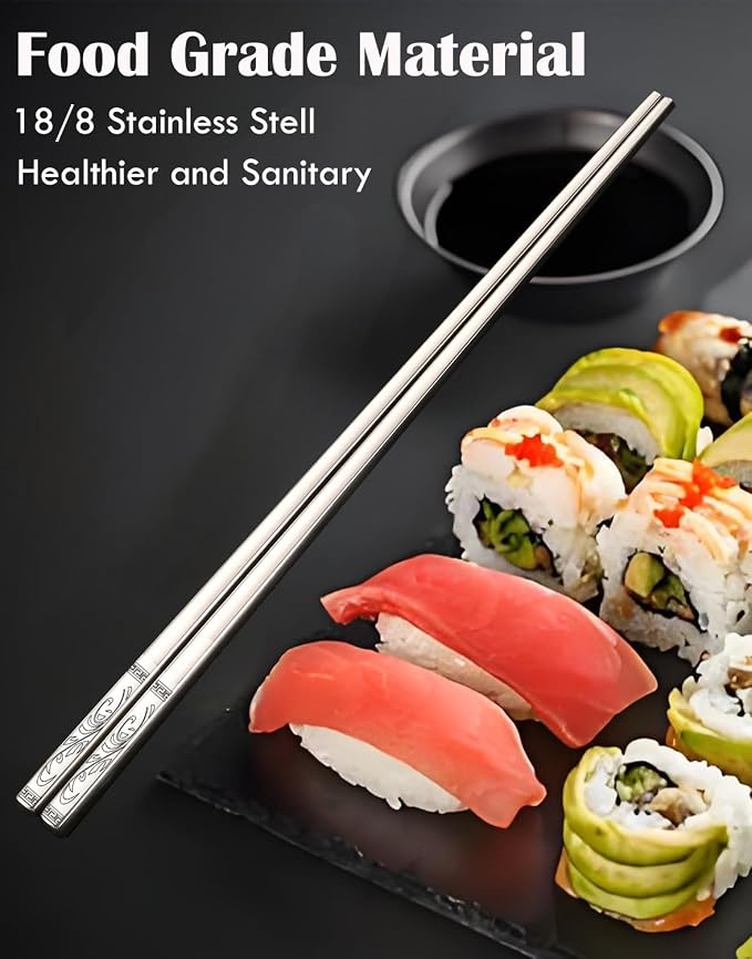 Metal Chopsticks,SUS304 Stainless Steel,5 Pairs Gift set,Reed | Dishwasher Safe,Non-Slip Grip,Good for Beginners,Come in a Gift Box,SUS304 Resistant to Rust,Square,Chop Sticks Silver,9.25''