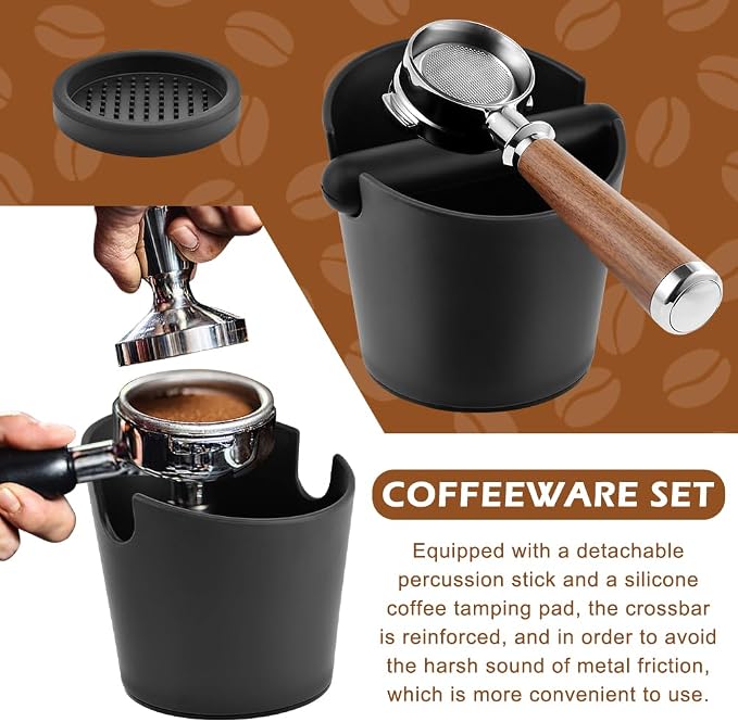 Coffee Knock Box, 5 Inch Espresso Dump Bin with Detachable Knock Rod & Silicone Tamper Pad, Non-Slip Base for Home Office Espresso Machine Accessories