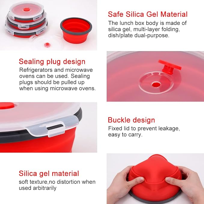 Guyuyii 4 Pack Food-Grade Silicone Collapsible Bowls with Lids for Camping | BPA-Free Round Nesting Set for RV Travel, Hiking, and Outdoor Recreation Activities | Microwave, Freezer, Dishware Safe