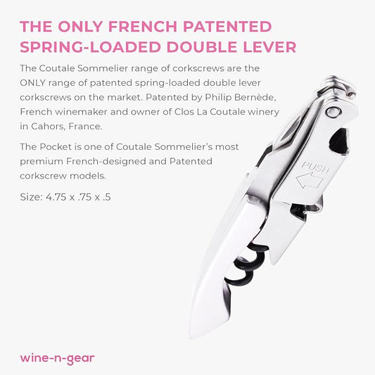 Pocket Prestige Waiters Corkscrew By Coutale Sommelier - Stainless Steel - French Patented Spring-Loaded Double Lever Wine Bottle Opener for Bartenders and Gifts - Sharp Micro-Serrated Knife
