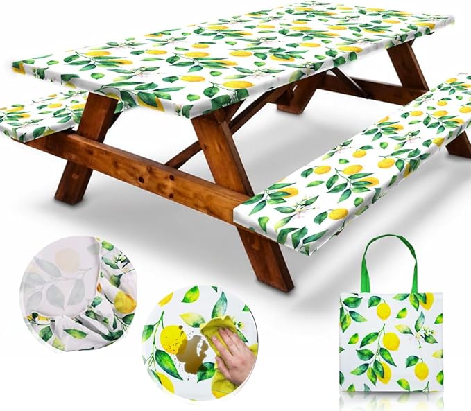 6ft Polyester Picnic Table Cover with Bench Covers Tablecloth Zesty Lemon | Polyester Picnic Table Cover Windproof & Waterproof, Perfect for Camping Gifts & RV Essentials, Cool Camping Gadgets with bag