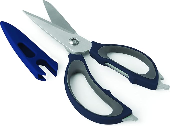 Farberware 4-in-1 Kitchen Scissors, Multi-Function Kitchen Shears with Jar Opener, Bottle Opener and Screwdriver, High-Carbon Stainless Steel Blades, Navy and Grey Ergonomic Handles with Sheath
