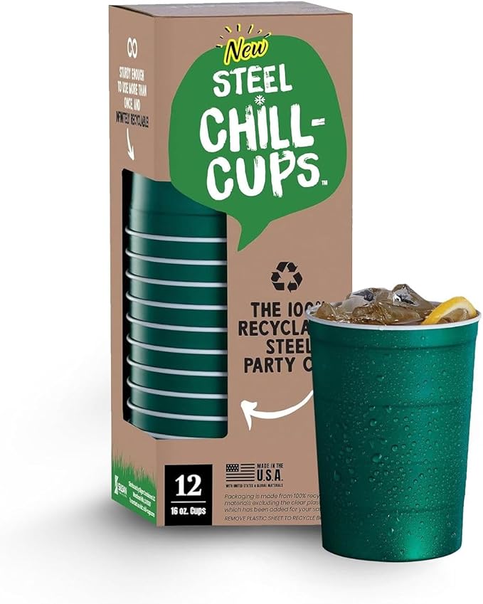 Steel Chill Cups 16 oz. Durable & Reusable Party Cups, Green, 12 Count