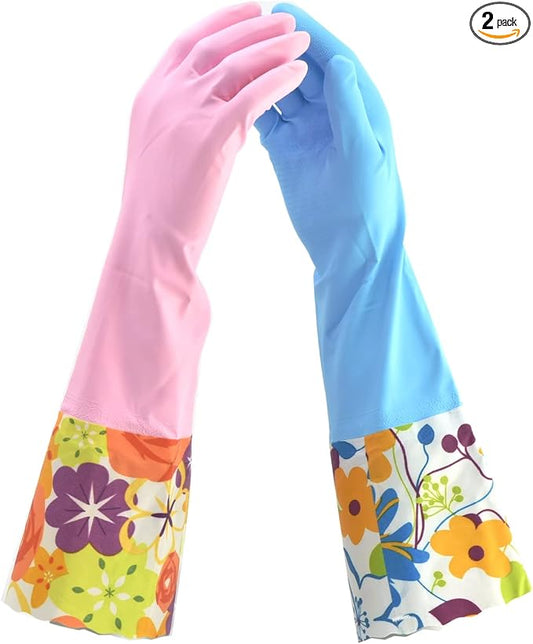 2 PAIRS Household Gloves Latex Free Cleaning Gloves with Soft Lining Long Cuff 15" & Grip, Medum, Pink/Blue