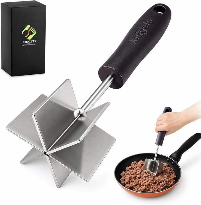 Stainless Steel Meat Chopper & Masher, 6-Blade, Full Grip, Dishwasher Safe