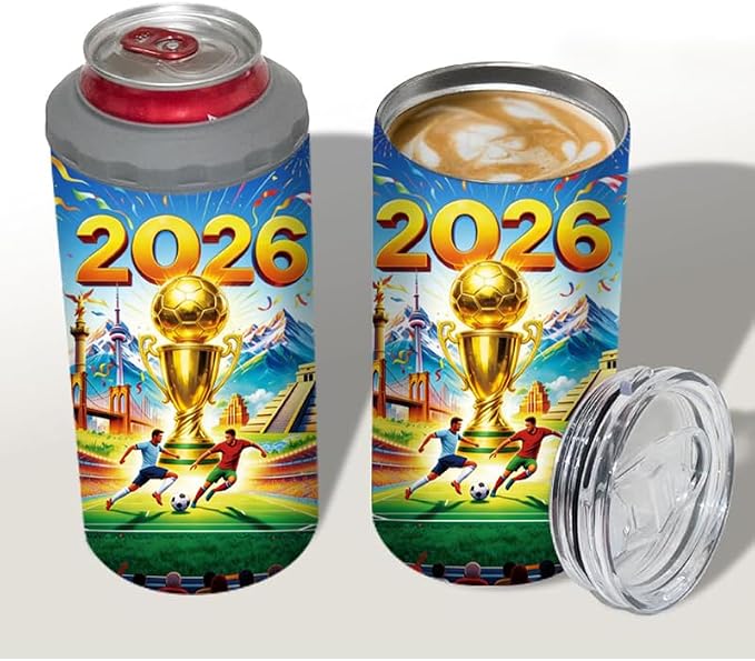 Funny Can Cooler 2026 Soccer Football Merchandise, 4-IN-1 Can Cooler Tumbler Gifts for Soccer Fans, 16 Oz Stainless Steel Insulated Beer Can Holder