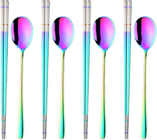 Buyer Star 4 Set Rainbow Square Chopsticks and Spoons Set Metal Stainless Steel Spoons Chopsticks Set