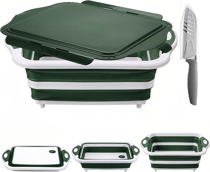 Collapsible BBQ Prep Tub with Lid, Foldable Camping Sink with Colander, Cutting Board, Dish Basin for Kitchen, Bowl, Vegetable and Fruit, Storage Basket for Picnic-Green