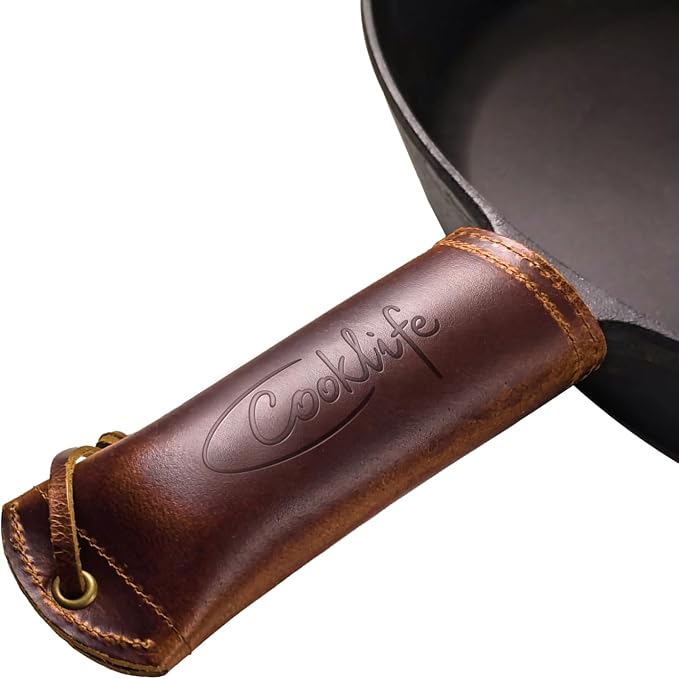 COOKLIFE Cast Iron Handle Cover - Extra Thick Leather Hot Handle Holder for Cast Iron Skillets - Reusable Heat Protection Up to 500°F Skillet Handle Cover