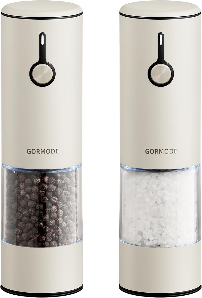 Electric Salt and Pepper Grinder Set Stainless Steel 2 Pack USB Rechargeable LED One Hand Off White