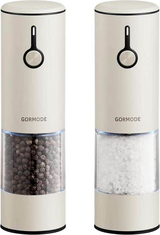 Electric Salt and Pepper Grinder Set Stainless Steel 2 Pack USB Rechargeable LED One Hand Off White