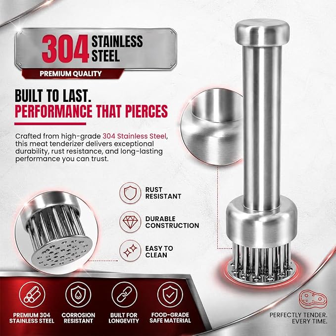 Stainless Steel Meat Tenderizer Tool with 21 Sharp Needles – Blade Tenderizer for Chicken, Beef, Steak – Heavy Duty Meat Pounder Hammer, Easy Grip Kitchen Gadget for Cooking & Chef Tools