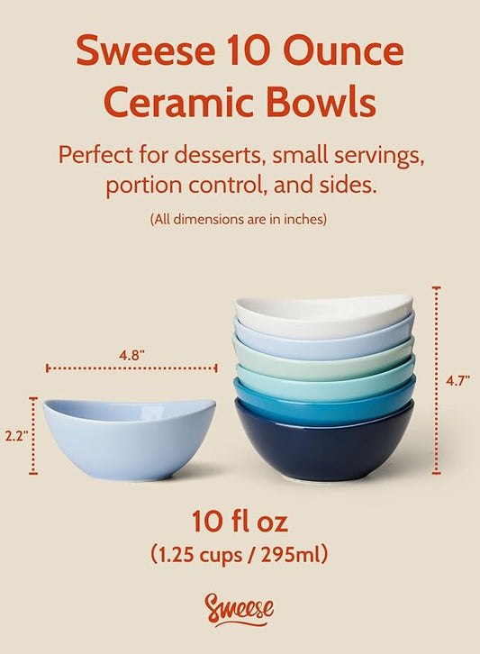 Sweese 10 oz Small Porcelain Bowls - Set of 6 - Ceramic Serving Bowls versatile for Cereal, Fruit, Dessert, Ice Cream, Snack & Yogurt - Shaded of Blue Colored