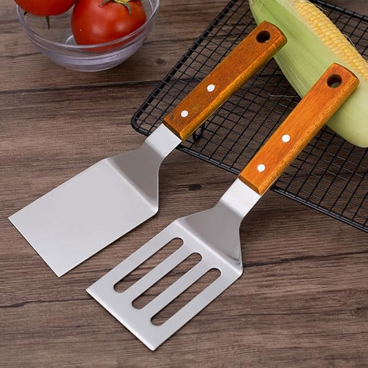 2 PCS Metal Spatula for Cast Iron Skillet, Stainless Steel Grill Spatula Slotted Turner Fish with Wood Handle Flat Top Griddle for Cooking BBQ