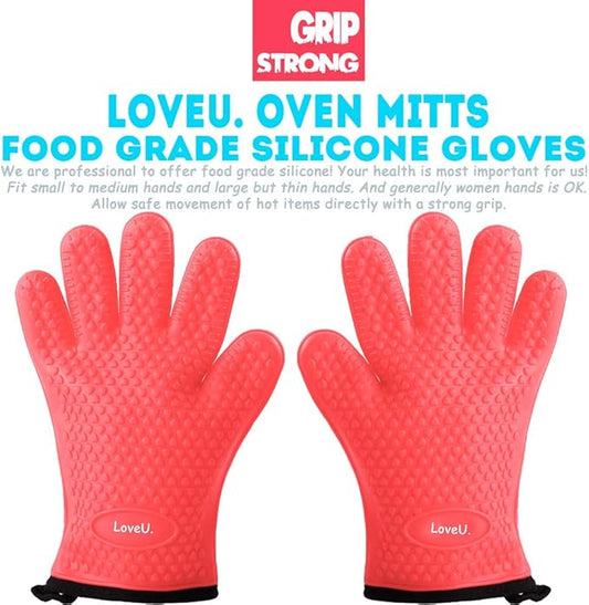 Kitchen Oven Gloves - Dual-Layer Heat Resistant Grilling Gloves, Silicone Oven Mitts with 5 Fingers, Waterproof Non-Slip Pot Holder for Barbecue, Cooking, Baking (XL-XXXL, Red)
