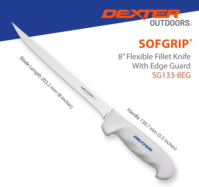 Dexter Outdoors SOFGRIP 8" Flexible Fillet Knife with Edge Guard | Corrosion-resistant high-carbon American stainless blade with soft non-slip grip. Edge guard included, made in USA.