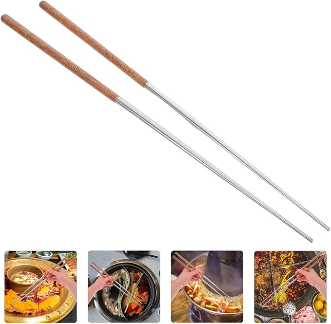 Kichvoe 15.75 Inch Long Cooking Chopsticks, Stainless Steel with Wooden Handle, Non-Slip Utensil for Chinese Cooking, Hot Pot, BBQ, Noodles and Deep Frying, 1 Pair