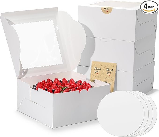 White Cake Boxes 10 Inch with Window， 4 Set Bakery Boxes with Cake Boards & Stickers, Tough Containers for Layer Cakes, Cupcakes, Desserts Food Safe Packaging（10x10x5 inch）