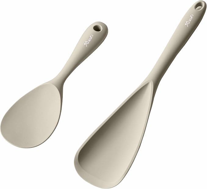 Cooking Spoon and Rice Scooper Set for Nonstick Cookwares, Heat Resistant- Seamless Design, Great for Cooking, Serving, Mixing, Scoop, and Scrape,2 Pack, Khaki