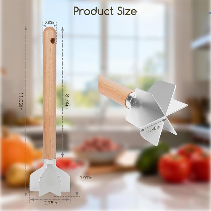 Meat Masher Stainless Steel Meat Chopper, 6-Blade Ground Beef Chopper Tool with 11" Wooden Handle for Hamburger,Turkey & Potato Masher(L, Wood Handle-2pcs)