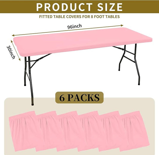 6 Pack Fitted Tablecloth for 8 Foot Rectangle Tables, Pink Elastic Outdoor Picnic Table Cover, Washable Stretch Folding Table Cloths 8 ft for Camping Party Patio Kitchen Banquet, 30" W x 96" L