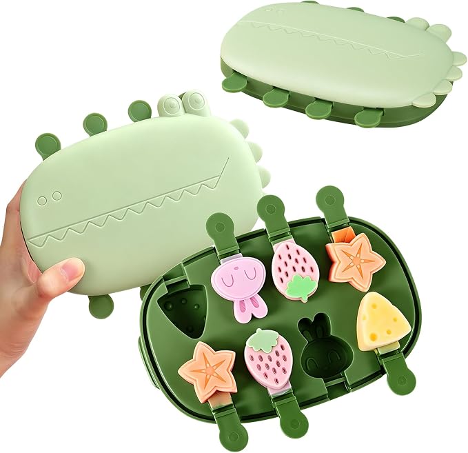 2 Pack Silicone Popsicle Mold, Fun Shaped Dinosaur Popsicle Silicone Molds with 16 Sticks, Reusable Small Mini Ice Popsicle Molds Set, Easy to Clean and Dishwasher Safe (Green)