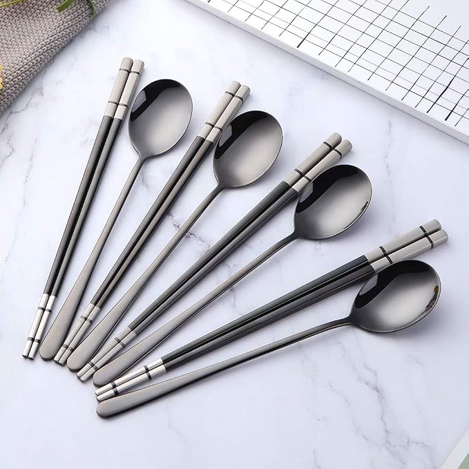 Buyer Star 4 Set Black Square Chopsticks and Spoons Set Metal Stainless Steel Spoons Chopsticks Set