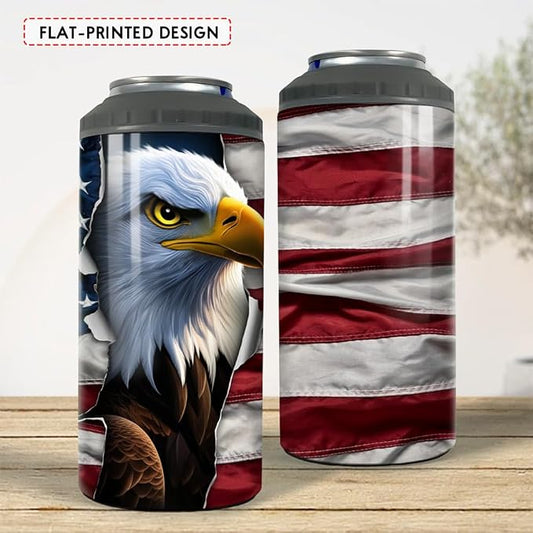 SANDJEST Eagle Tumbler American Flag 4 in 1 12oz Can Cooler Coozie Skinny Stainless Steel Tumbler Gift for Men Dad Father Travel Veteran Day 4th of July