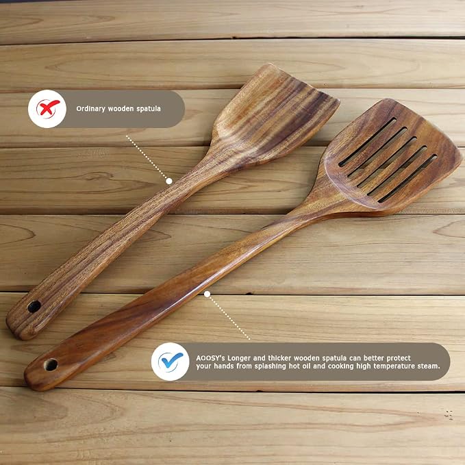 Wooden Spatulas Set of 2, Acacia Wood Rice Paddle with Slotted Design for Nonstick Cookware
