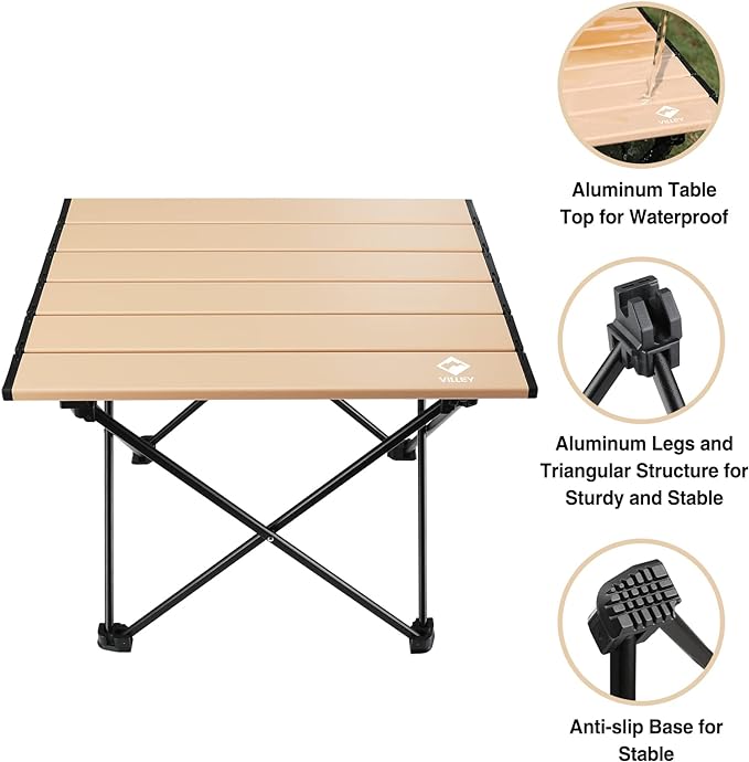 VILLEY Portable Camping Side Table, Ultralight Aluminum Folding Beach Table | Lightweight & Portable, Aluminum Folding Table with Carry Bag for Camping, Outdoor Cooking, Beach, Picnic, Boat & Travel