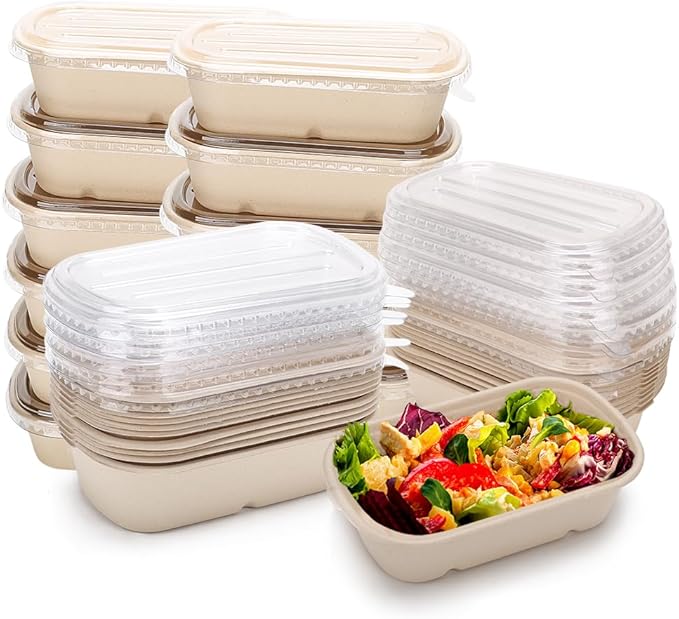 Aksipo 50 Pack 29 Oz Disposable Meal Prep Containers with Lids, Rectangle Paper Bowls with Lids for Salad,Leftovers, Leak-proof To Go Box Cardboard Lunch Box Compostable Take Out Food Containers
