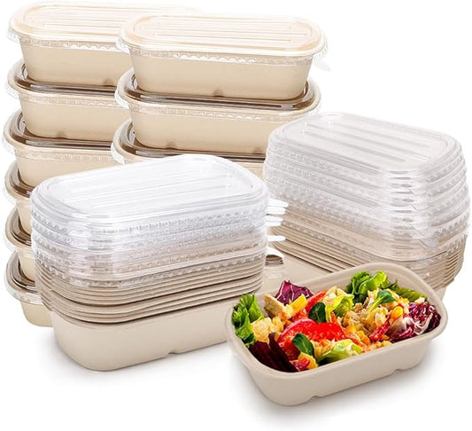 Aksipo 50 Pack 29 Oz Disposable Meal Prep Containers with Lids, Rectangle Paper Bowls with Lids for Salad,Leftovers, Leak-proof To Go Box Cardboard Lunch Box Compostable Take Out Food Containers