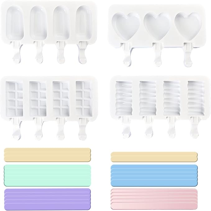 ELANE 4 Pcs Ice Popsicle Molds, Silicone, Cylinder Shaped, White, Ice Pop Molds with 25 Colored Popsicle Sticks