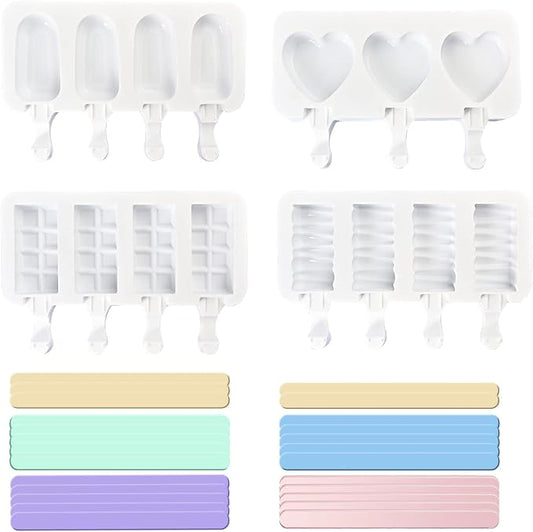 ELANE 4 Pcs Ice Popsicle Molds, Silicone, Cylinder Shaped, White, Ice Pop Molds with 25 Colored Popsicle Sticks