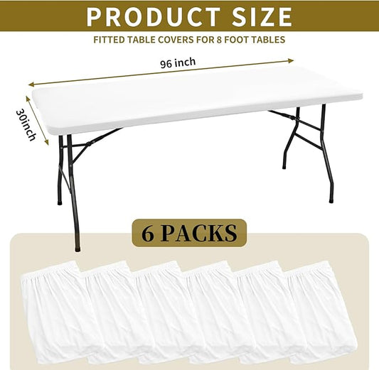 6 Pack Stretch Fabric Table Top Cap Cover, fits 8' Tables, Spandex Table Covers Washable Elastic Universal Rectangle Tablecloth Protector for Indoor Outdoor Party Picnic Wedding, White, 30" W x 96" L