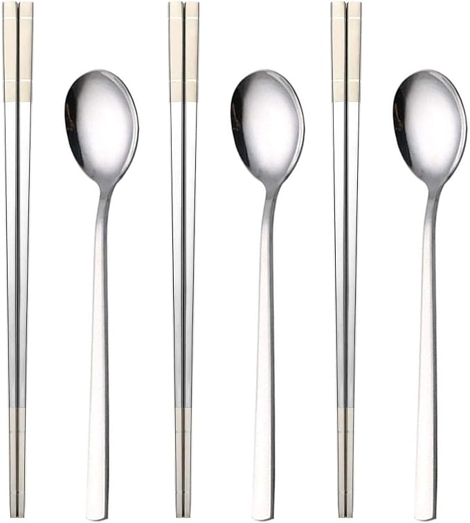 Reusable Korean Chopstick and Spoon Set, Long Handle Stainless Steel Soup Spoon and Chopsticks, Dishwasher Safe, Set of 3. (Silver)